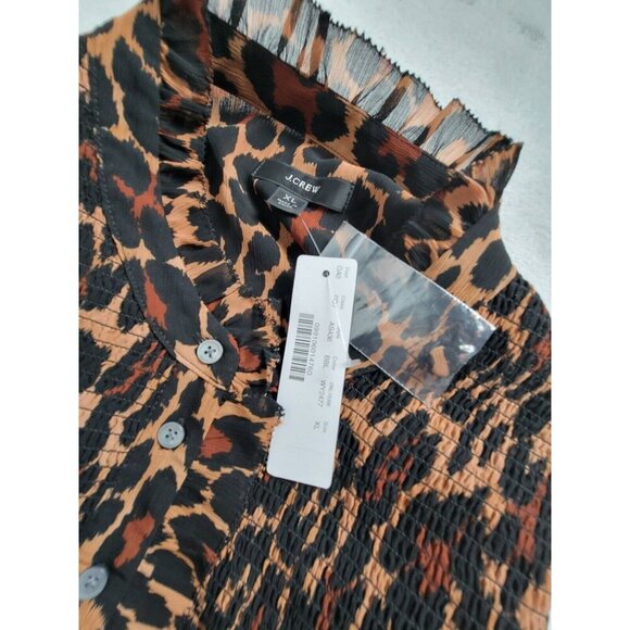 J. Crew Womens XL Brown Smocked Leopard Crinkle Chiffon Popover Top AS436 NWT - Picture 3 of 7